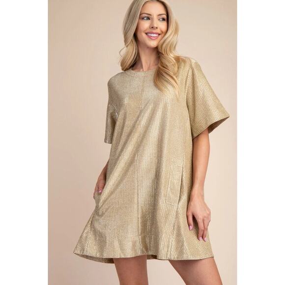 Gold Sequin Velvety Mini Dress Large Party Club Birthday Celebration Glam Girly - Picture 1 of 11